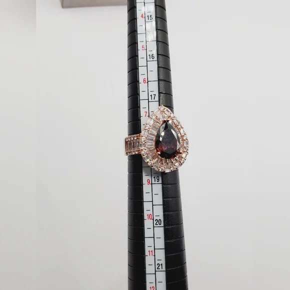 Smoky Quartz & Diamond Simulants 18k Rose Gold - 925 Silver Double Halo Ring - Picture 5 of 6